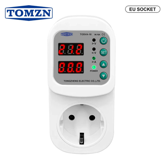 TOMZN Automatic Voltage Current Protector Socket AC110V 220V Adjustable 1-16A Power Surge Protector EU Plug Socket TOSVA-16