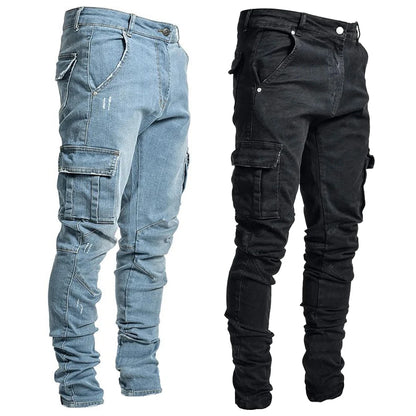Denim Cargo Pants, Slim Fit, Mid Waist, Multi Pocket, Solid Color Wash