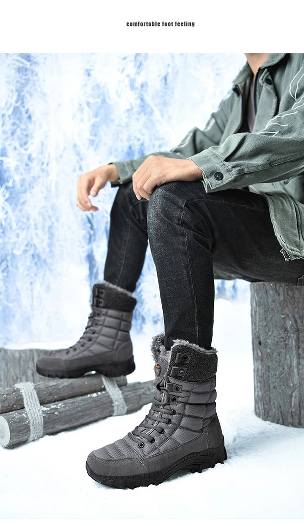 Men Winter Snow Boots Waterproof Leather High Top Plush Lined MidCalf Big Size