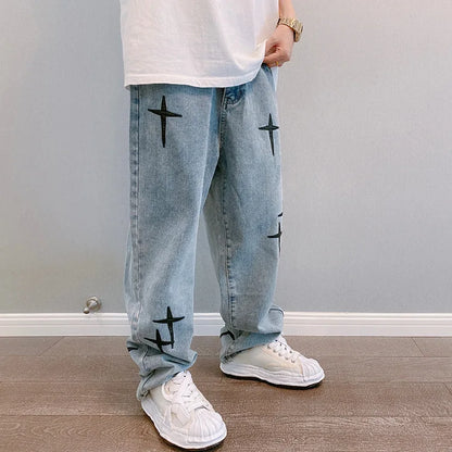 Mens Baggy Wide Leg Denim Cargo Pants Straight Fit