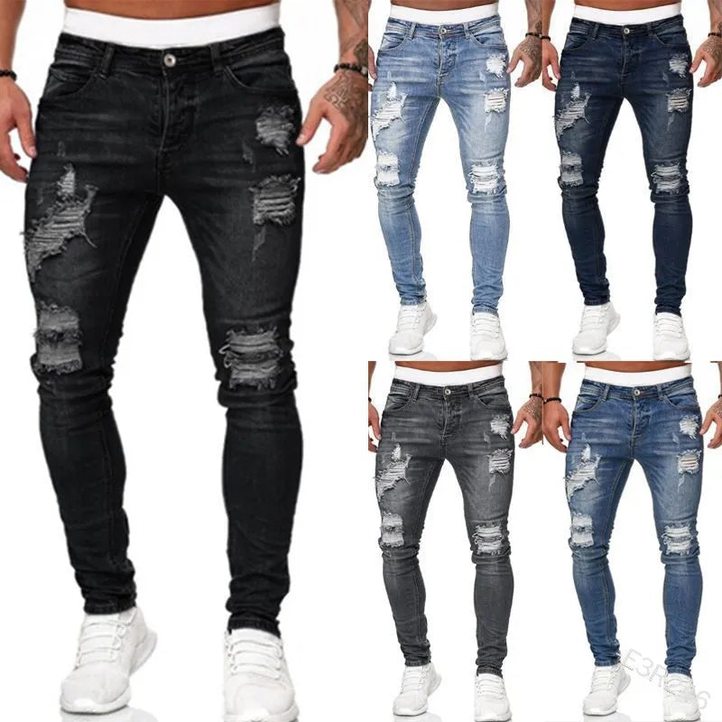 Men's Ripped Skinny Jeans Denim Vintage Wash Slim Fit