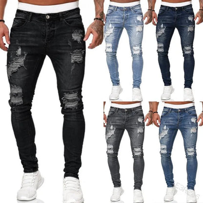 Men's Ripped Skinny Jeans Denim Vintage Wash Slim Fit