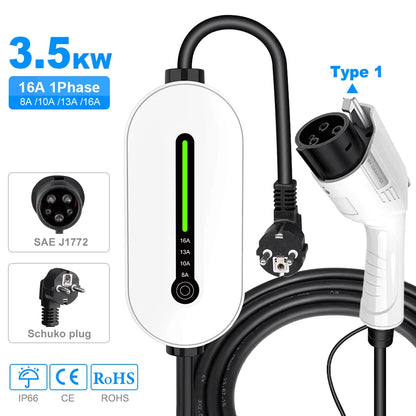 Electric Vehicle Portable Charger 16A 1-Phase 3.5KW Type 2 Plug 3.5m Cable