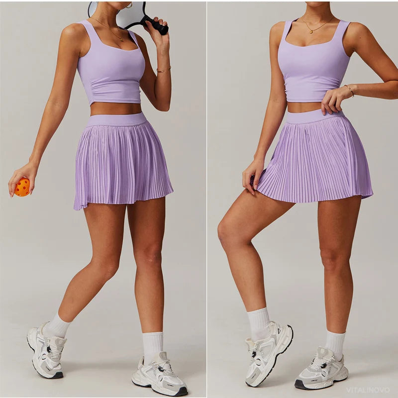 VITALINOVO Tennis Dress for Women 2 Pieces High Waisted Pleated Skirt Sets Racerback Padded Workout Crop Tank Tops Golf Workout
