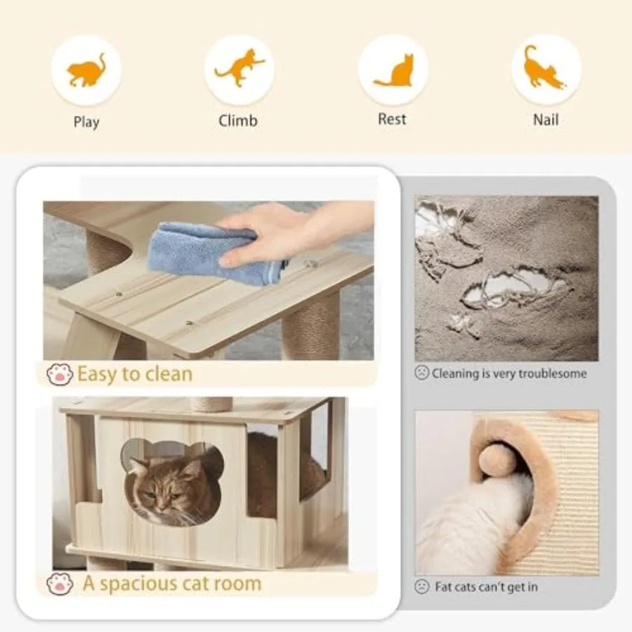 65-Inch Multi-Purpose Wooden Cat Tree Tower with Condo Design Featuring 13 Scratch Posts Padded Platform Bed Interactive Toy Ba