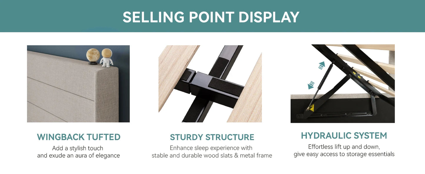 HOOMIC Lift Up Storage Bed with Wingback Headboard/Heavy-Duty Hydraulic Bed/Large Underneath Storage Allewie