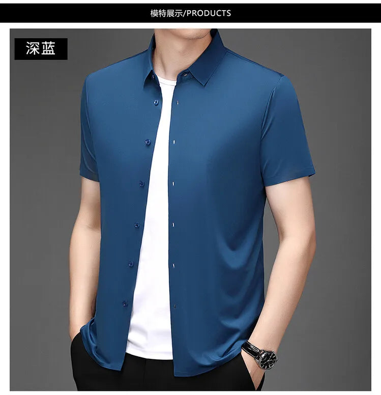 Men's Ultra Stretch Short Sleeve Shirt Business Casual  Breathable Stretchable Abrasion-Resistant Solid Color Short Sleeve Shirt