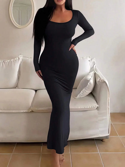 Women's Solid Long Sleeve Bodycon Dress Ankle Length Polyester Elastane