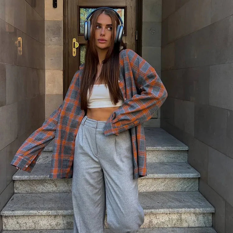 Oversized Plaid Shirt For Women Long Sleeve Button-Down Korean Style