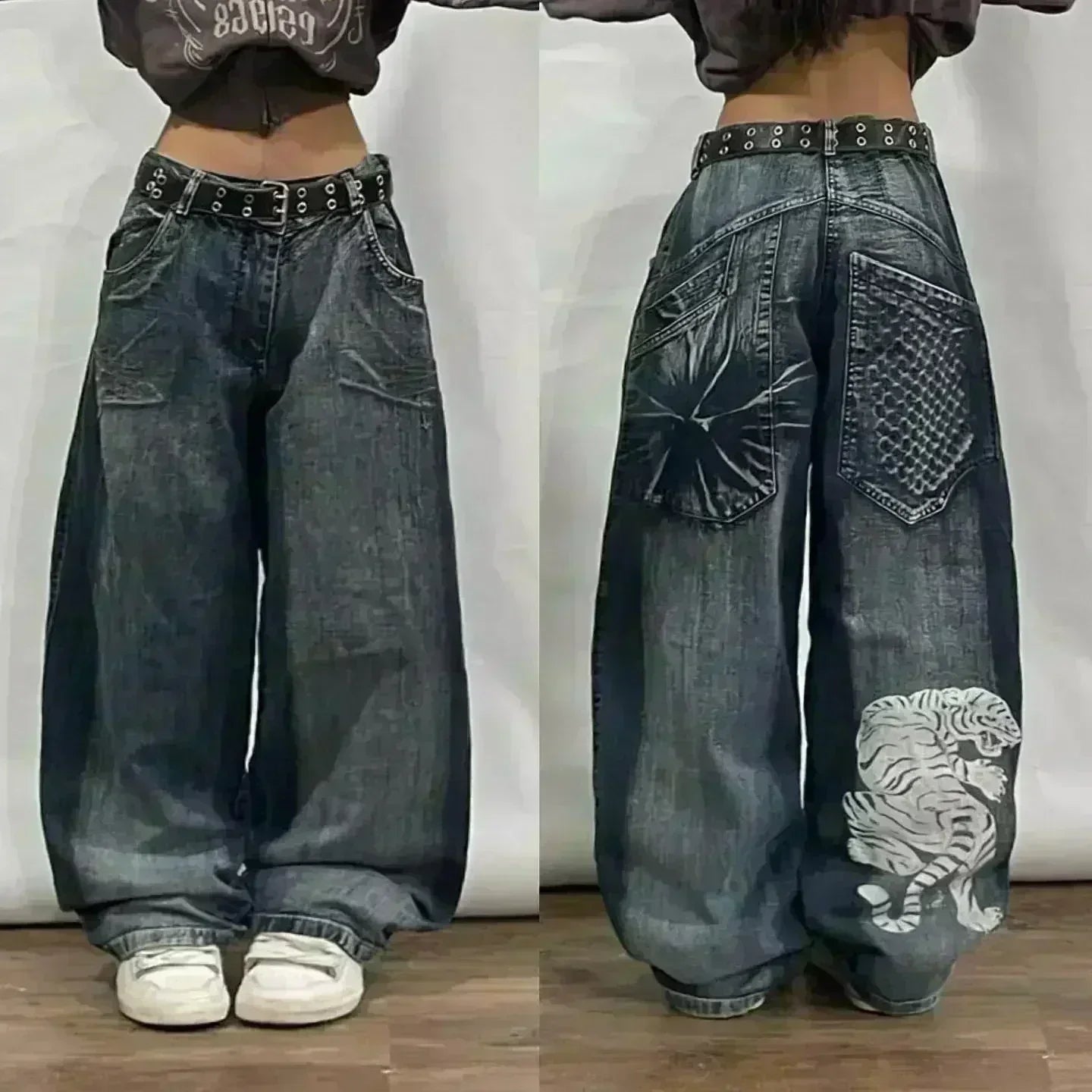 Embroidered Letter Loose Wide Leg Jeans, Stripe Pattern, Men