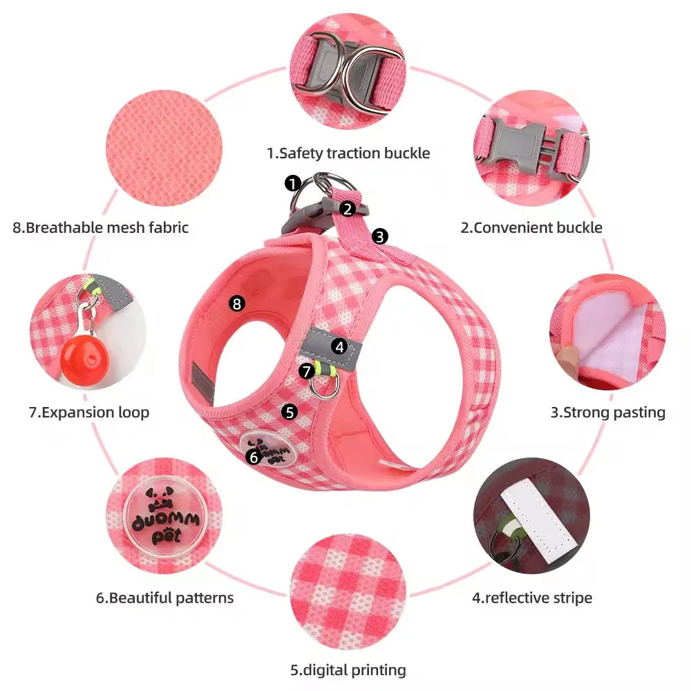 Checkered Pet Harness Kitten Strap Eye Catching Color Puppy Anti Loss Strap Outdoor Breathable Adjustable Reflective Chest Strap