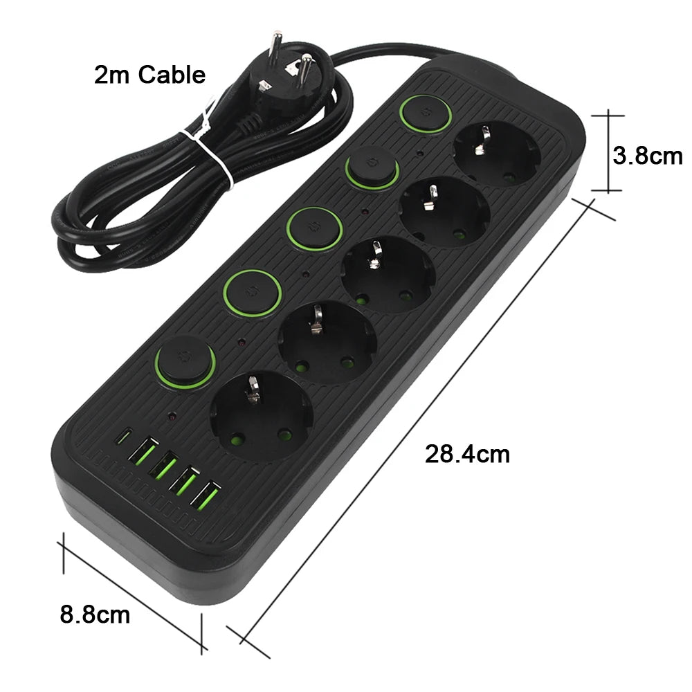EU Plug Power Strip With USB Ports 2m Extension Cable Surge Protector