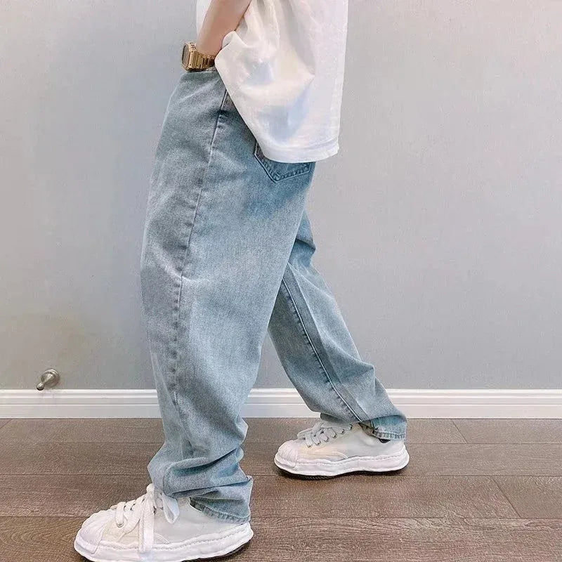 Mens Baggy Wide Leg Denim Cargo Pants Straight Fit