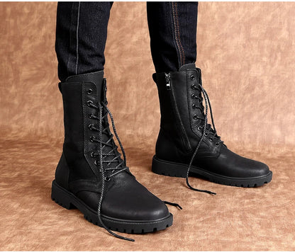 Men's Leather Motorcycle Boots Mid-Calf With Plush Lining