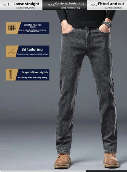 Plus Size Men's Black Straight Stretch Denim Jeans With Fleece Lined Warm Velvet