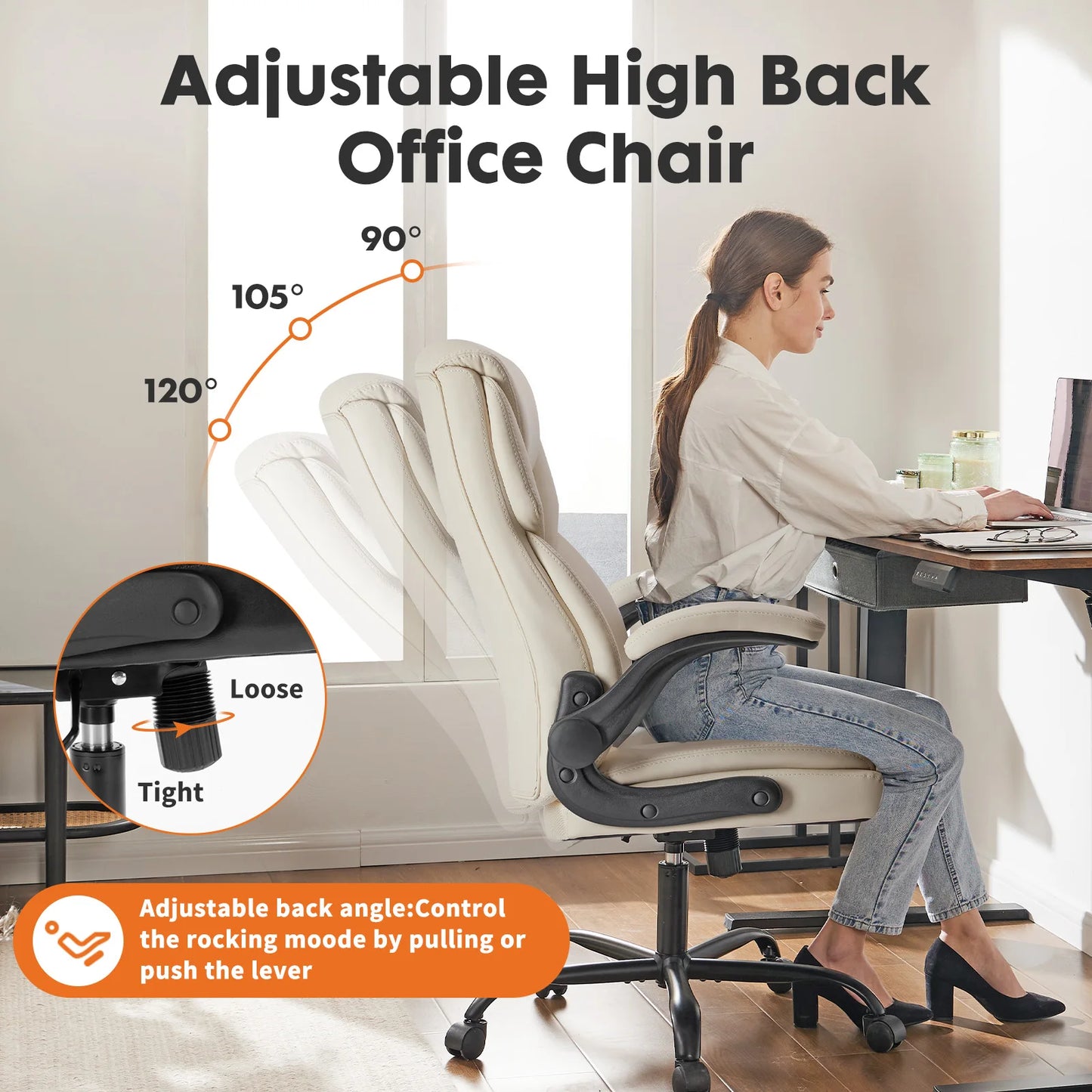 JHK Ergonomic Office Chair Heavy Duty Task Desk Chair with Flip-up Arms PU Leather Adjustable Swivel Rolling Gaming Chair
