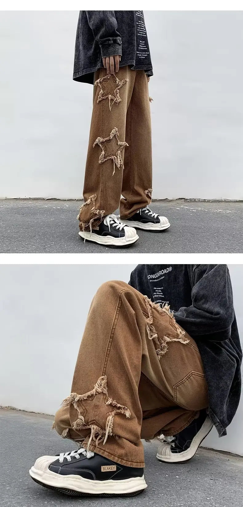 Men's Brown Cotton Jeans With Star Embroidery Straight Fit