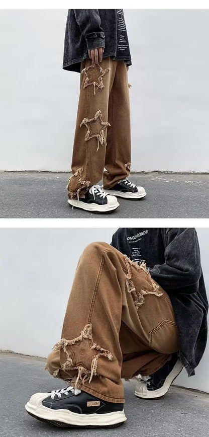 Men's Brown Cotton Jeans With Star Embroidery Straight Fit