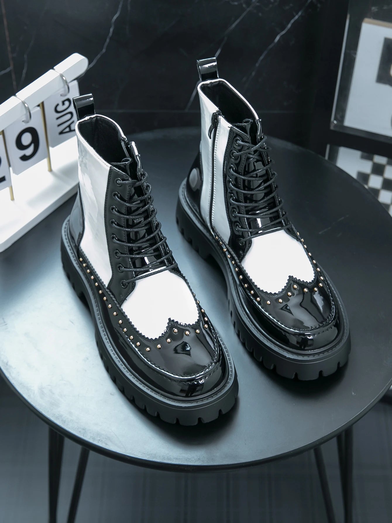 Men's Mid-Calf Leather Motorcycle Boots Pointed Toe Lace-Up