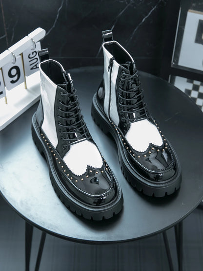 Men's Mid-Calf Leather Motorcycle Boots Pointed Toe Lace-Up