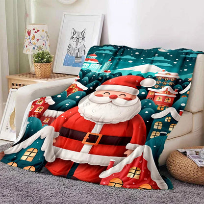 Cartoon Santa Snowman Throw Blanket Flannel Polyester Cotton