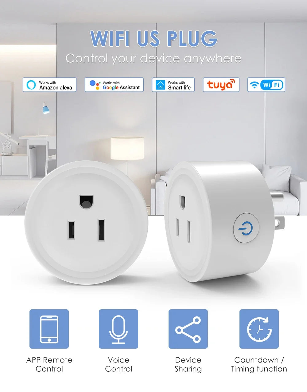 Tuya Smart Wifi Plug US Standard Wireless Outlet 10A Remote Control Smart Home Appliances Work With Alexa Google Home