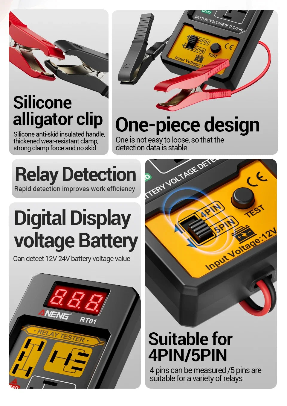 ANENG 11-25V Relay Detector RT01 Digital Universal 4/5 Pins Car Battery Vehicle Detection Digital Display Voltage Battery Tester