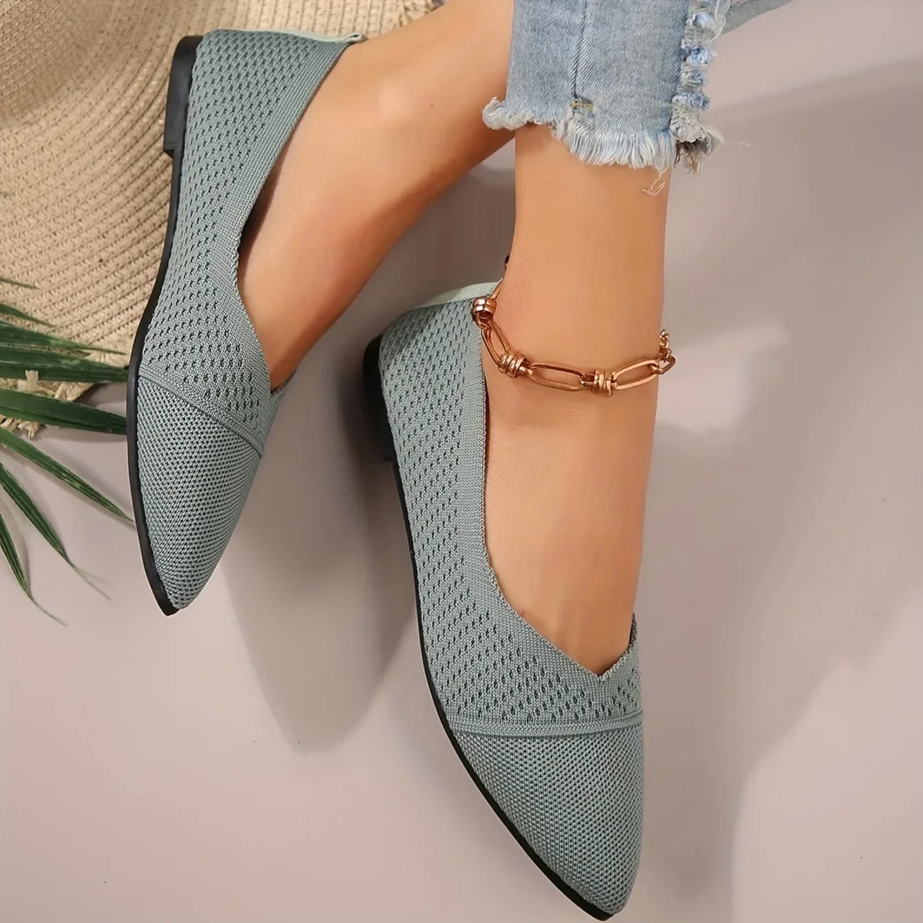 Women's Pointed Toe Flat Shoes Solid Color Knitted Slip on Ladies Shoes Casual Breathable Ballet Women Flat Shoes Loafers Women