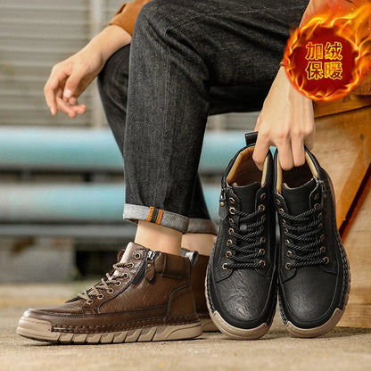 Men Leather Boots Mid Calf Lace Up Anti Slip Rubber Outsole