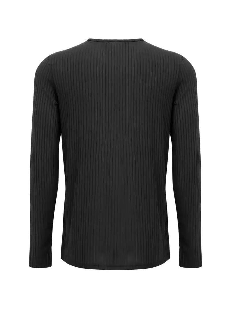 Autumn Men's Collarless Breasted Henry Shirt Top Fitness High Stretch Base Shirt Solid Color Plus Size Casual Long Sleeve