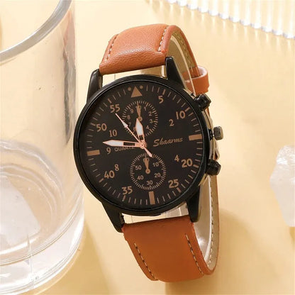Elegant Leather Watch & Bracelet Set for Men – Fashion Quartz Wristwatch