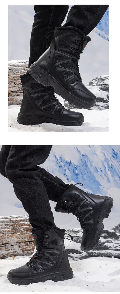 Men's Waterproof Leather Snow Boots Mid-Calf Lace-Up With Plush Lining