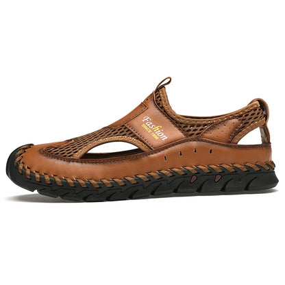 Men's Breathable Leather and Mesh Sandals with Elastic Band
