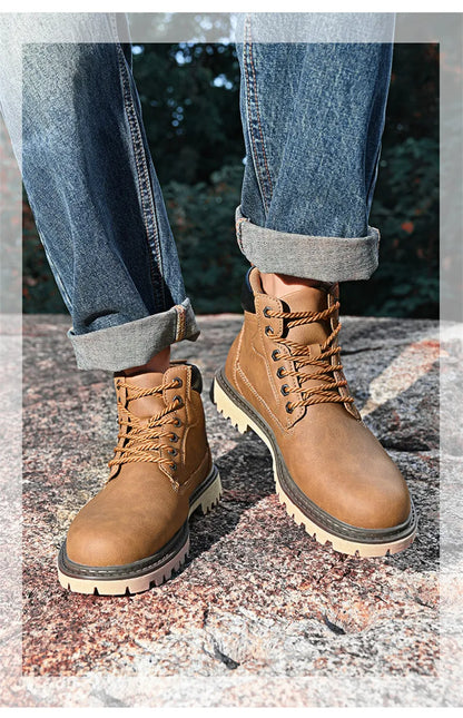 Leather Men Work Boots Mid Calf Ankle High Top Non Slip