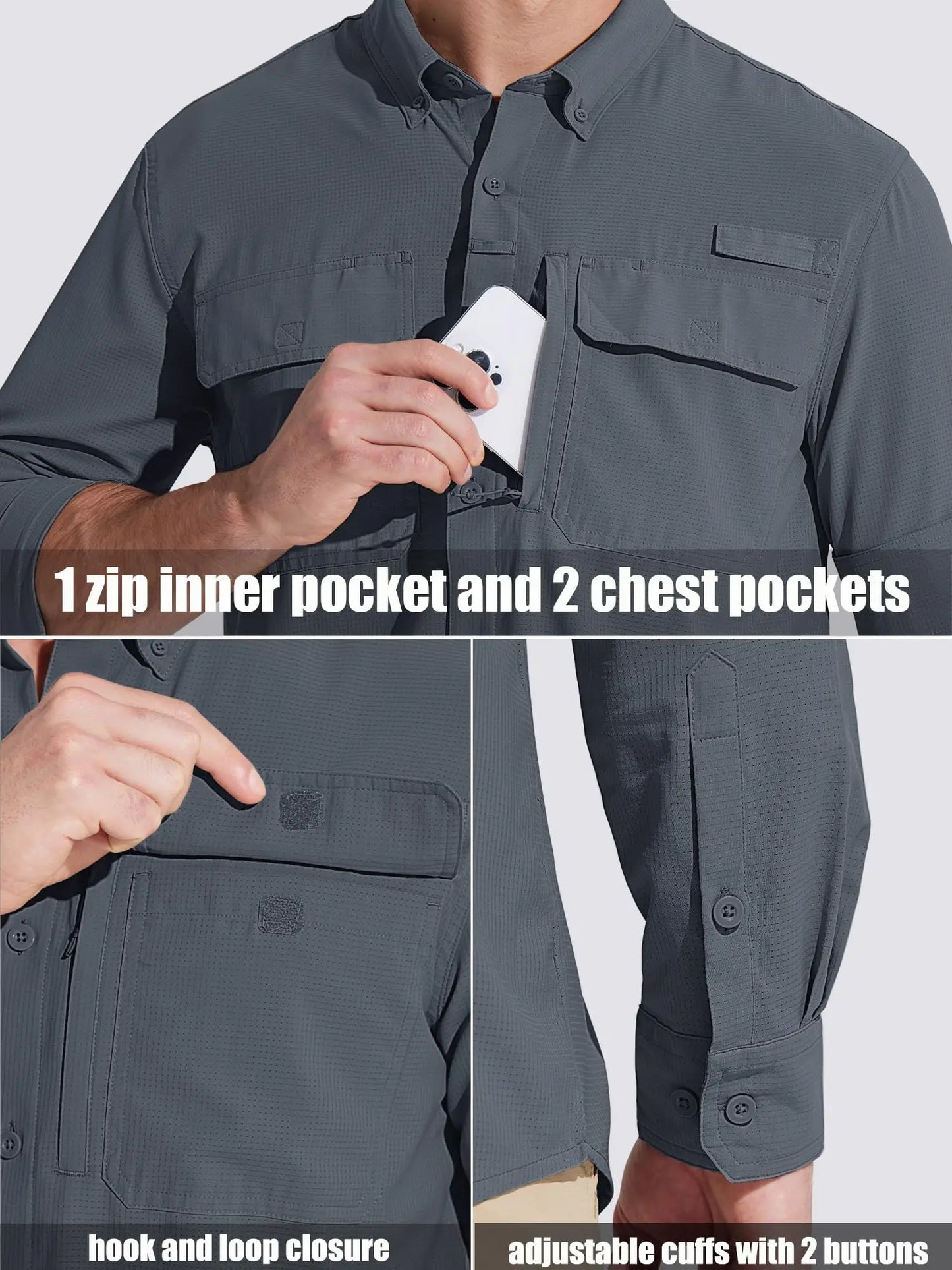 TACVASEN UPF 50+ Sun Protection Fishing Shirts Men's Quick Dry Long Sleeve Shirts Mesh Breathable Hiking Work Cargo Shirts