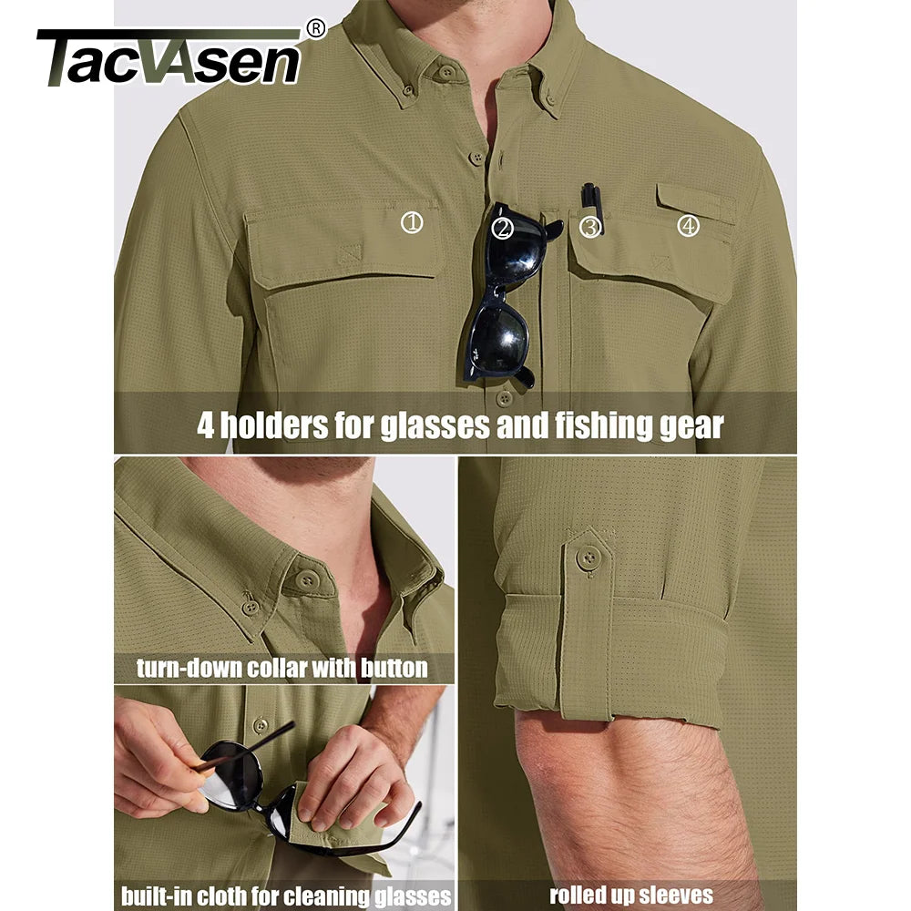 TACVASEN UPF 50+ Sun Protection Fishing Shirts Men's Quick Dry Long Sleeve Shirts Mesh Breathable Hiking Work Cargo Shirts