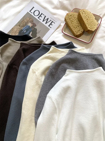 Women Mock Neck Knitted Sweater Pullover Slim Fit Knitwear