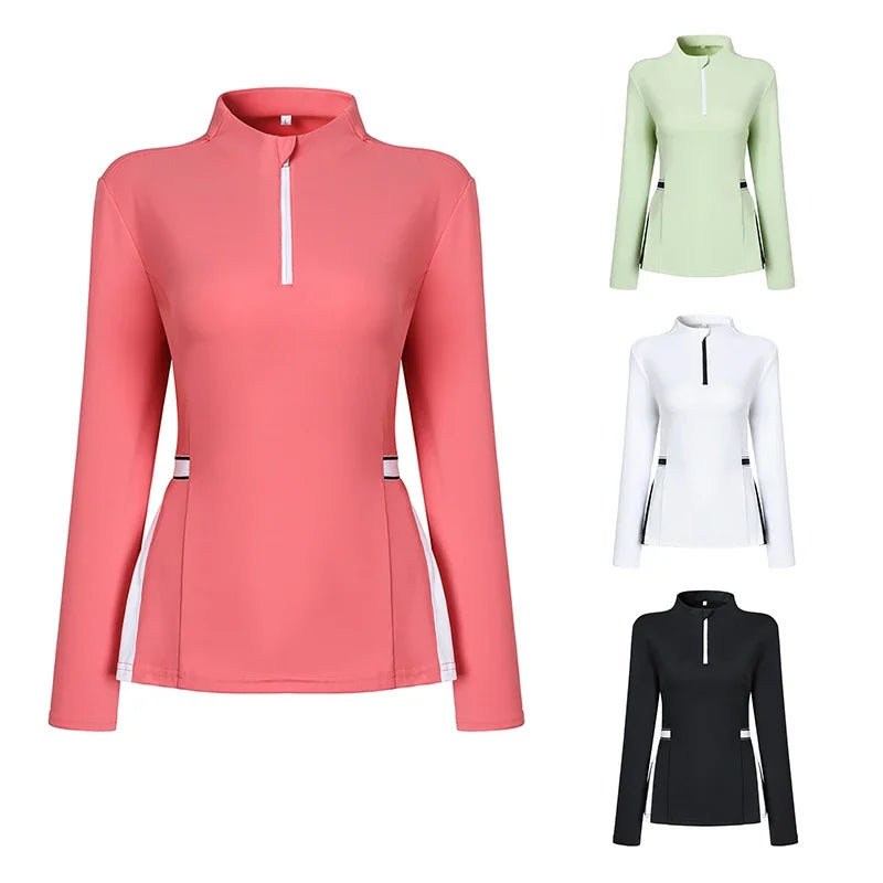 2025 New Golf Shirt Women Long Sleeve Zipper Collar T-Shirt Ladies Slim Pleated Golf Tops Breathable Casual Tennis Sportswear