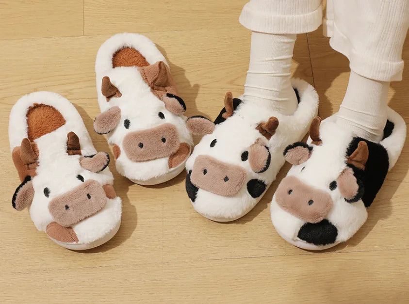 Cartoon Cow Plush Slippers For Women Winter Indoor Non-Slip Rubber Sole