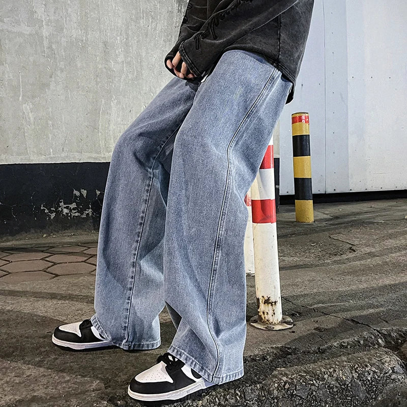 Mens Loose Streetwear Jeans Straight Wide Leg Black Or Light Blue