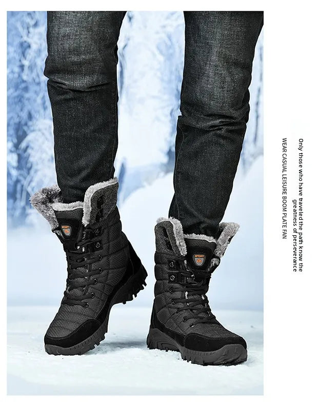 Men Winter Snow Boots Waterproof Leather High Top Plush Lined MidCalf Big Size