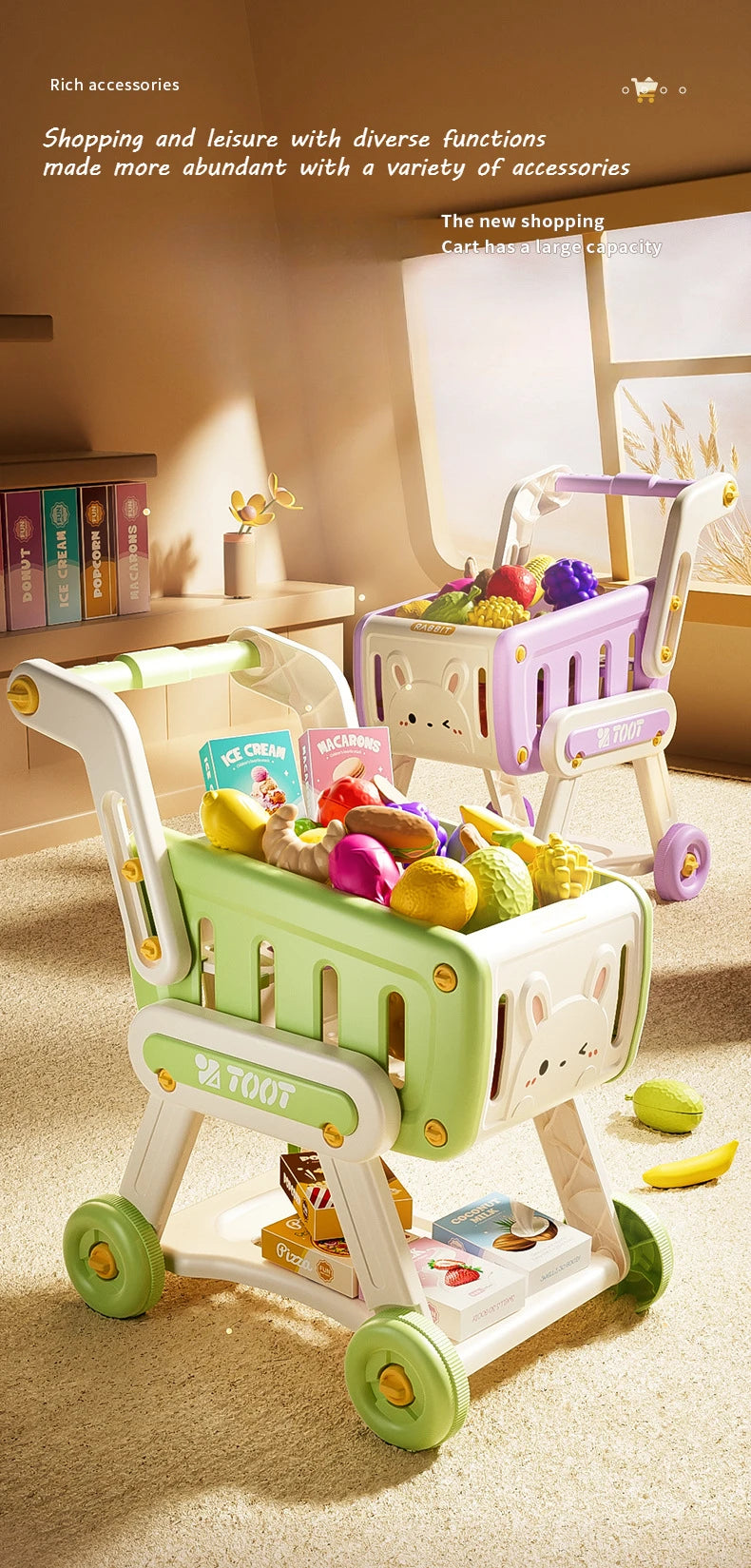32pcs Shopping Cart Toy Set Kids Large Supermarket Trolley Role Playing Pretend Play Props Simulation Fruit Food Boys Girls Gift