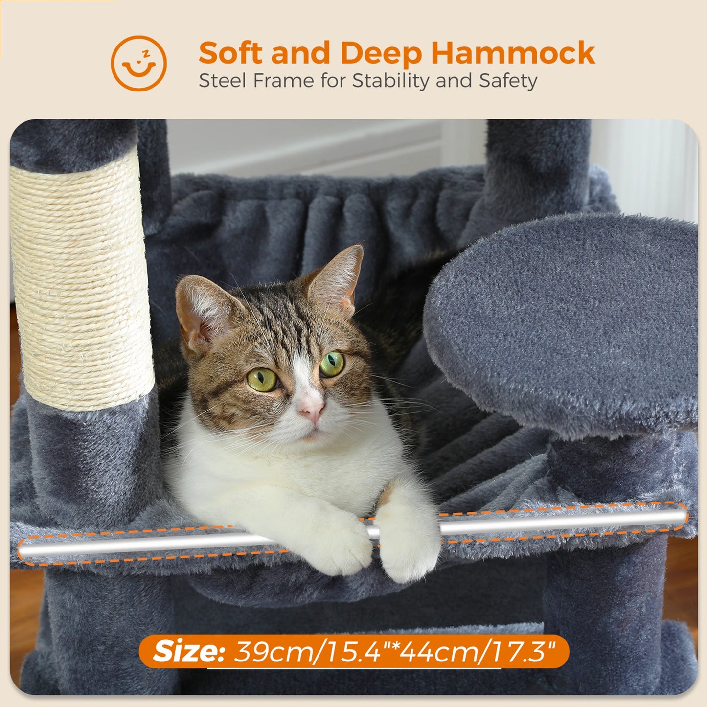 6-levels Cat Tree Tower with Joyful Pompom,Cozy Hammock,Double Condos,2 Top Perches,5 Scratching Posts Perfect for Indoor Cats