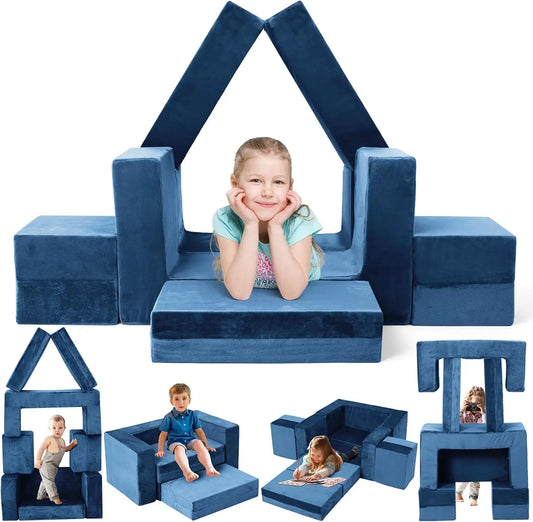 7-Piece Modular Kids Sofa Set, Convertible Toddler Play Couch for Creative Fun and Comfortable Sleeping, Blue