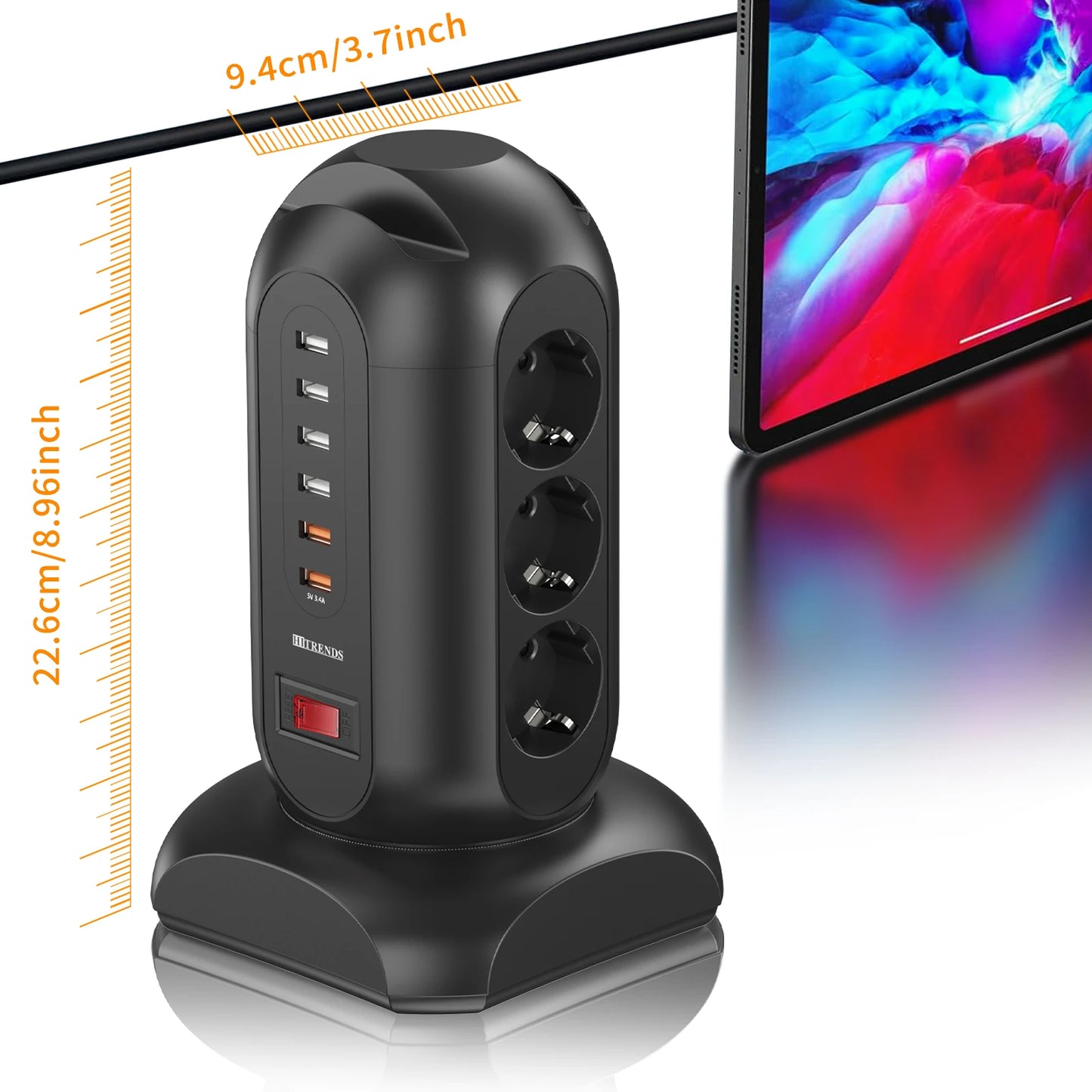 9 way Multiple Socket Power Strip with 6 USB Vertical EU Outlets Tower Socket with 1.8M Extension Cord Surge Protection for home