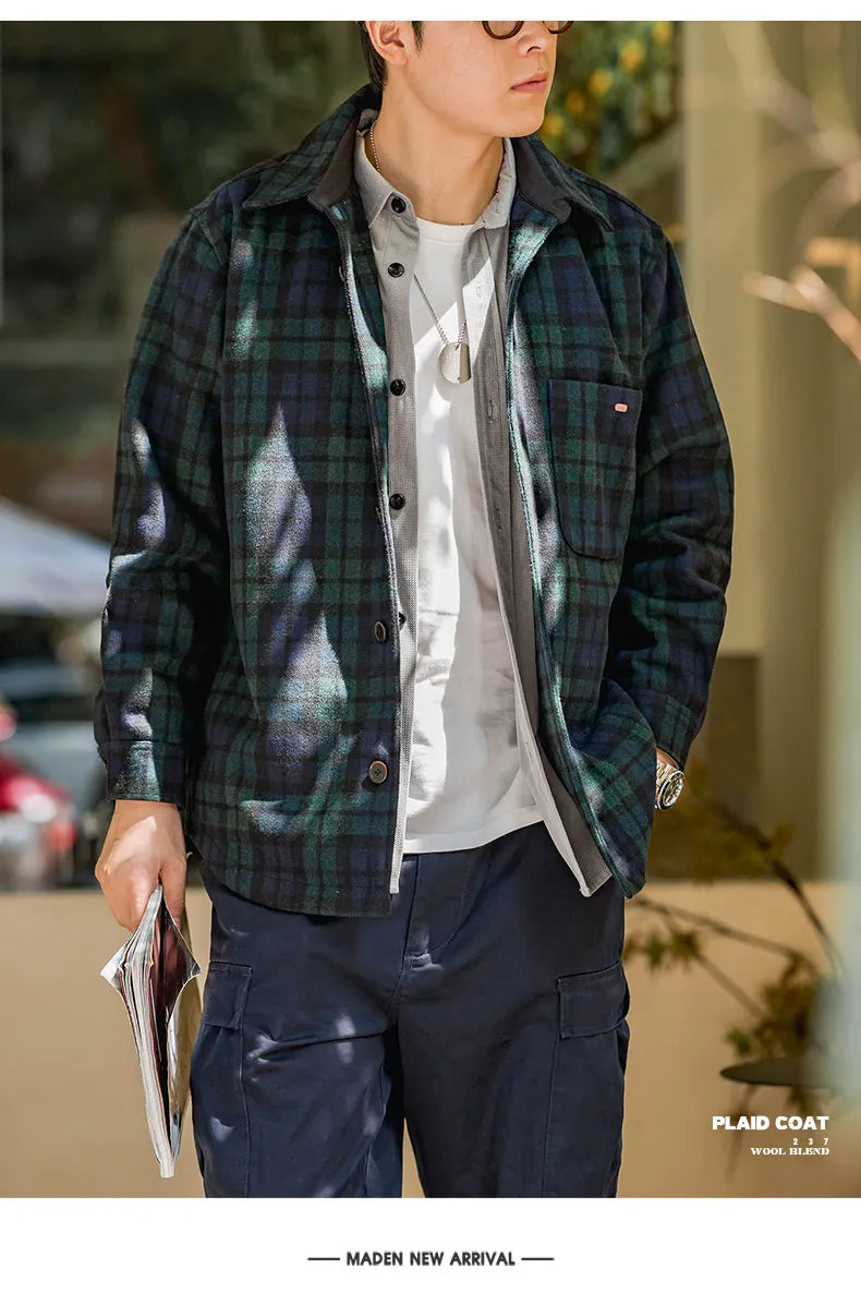 Maden American Retro Blue Green Plaid Wool Jacket Loose Thick Plaid Shirt Jacket Men's Coat Clothing Spring And Autumn