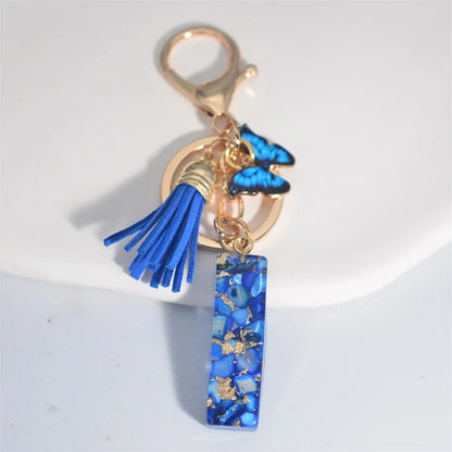 AZ Letter Keychain With Blue Stone And Butterfly Tassel Pendant