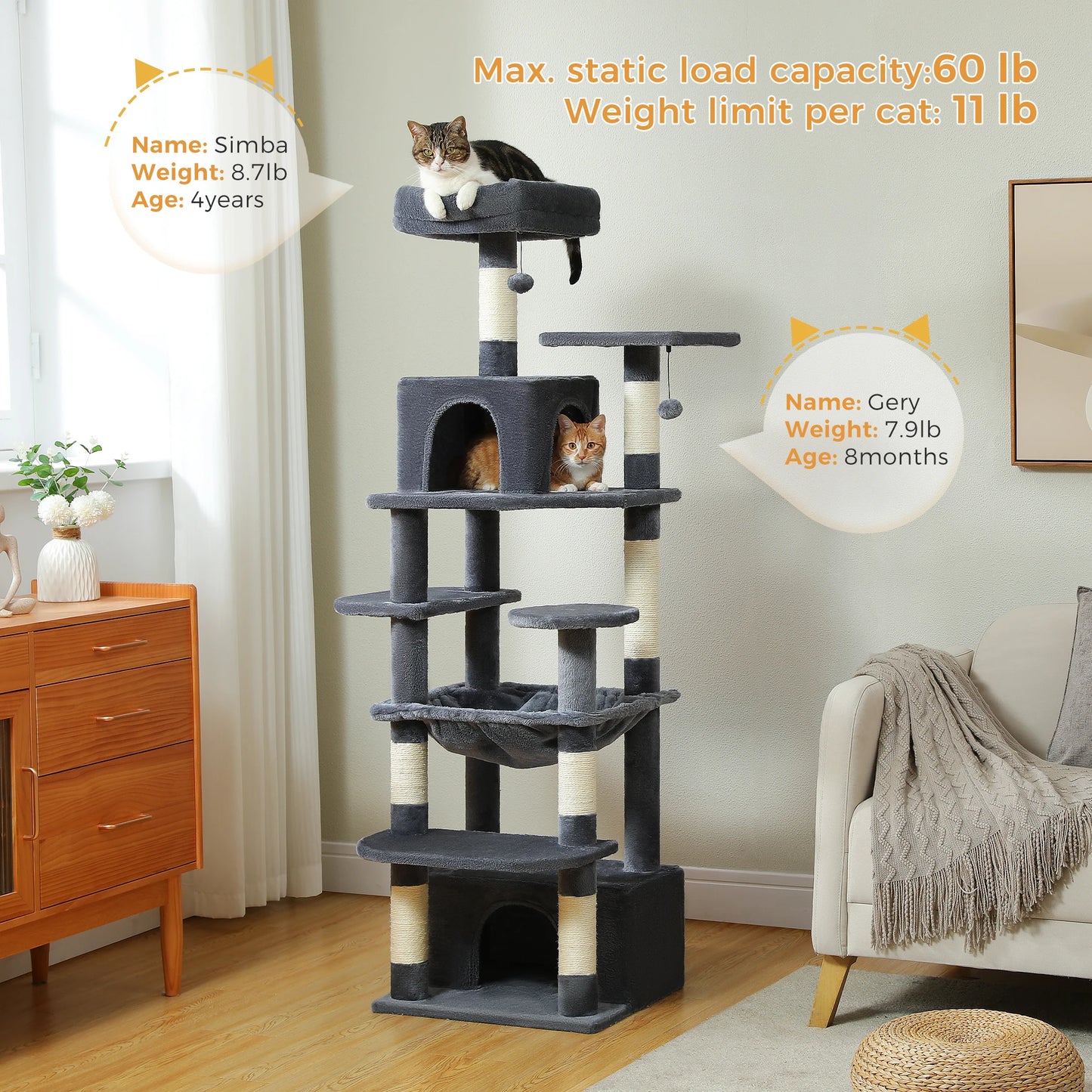 Spacious Cat Tree Tower with Hammocks and Scratching Posts