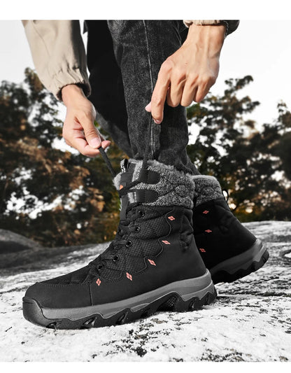 Men's Winter Snow Boots Leather Waterproof Mid-Calf Plush Lining Lace-Up