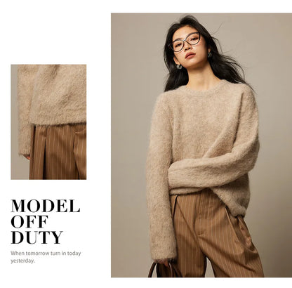 Alpaca Knit Pullover Sweater For Women, Loose Fit, Camel, Beige